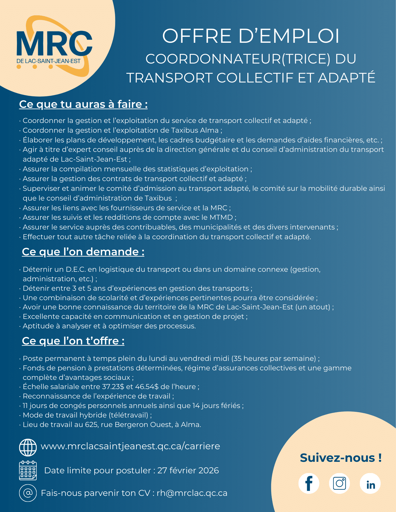 Coordonnateur(trice) du transport collectif et adapté